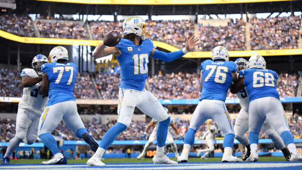 Nov 12, 2023; Inglewood, California, USA; Los Angeles Chargers quarterback Justin Herbert (10) throws a pass against the Detroit Lions during the first half at SoFi Stadium. Mandatory Credit: Orlando Ramirez-USA TODAY Sports  